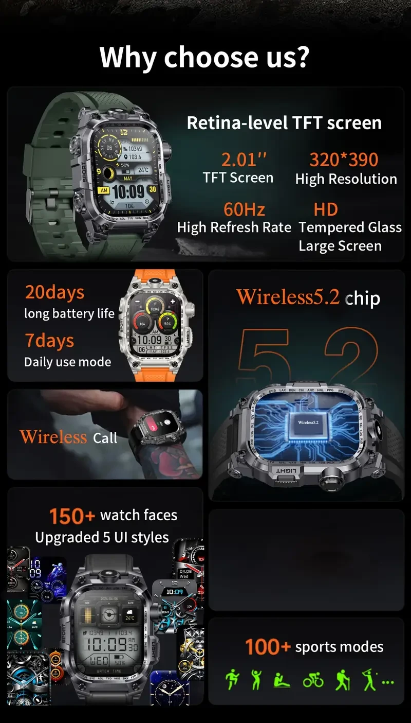 Aviwogr 2.01-Inch Outdoor Sports Smartwatch Large Display, Fitness Tracking, and Wireless Connectivity