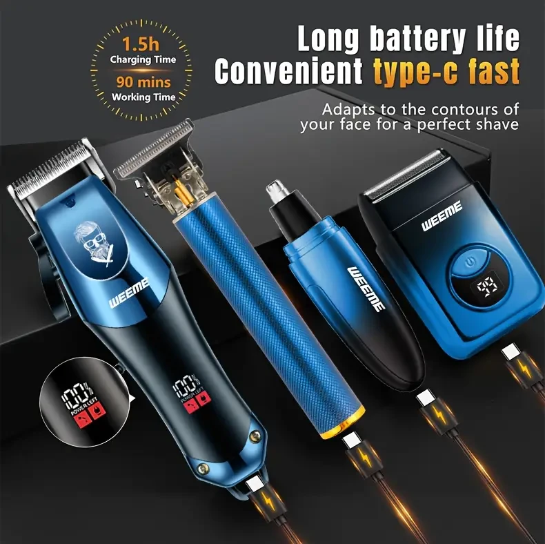 WEEME 4-in-1 Mens Electric Grooming Set  Hair Clipper, Nose Trimmer & Shaver Kit
