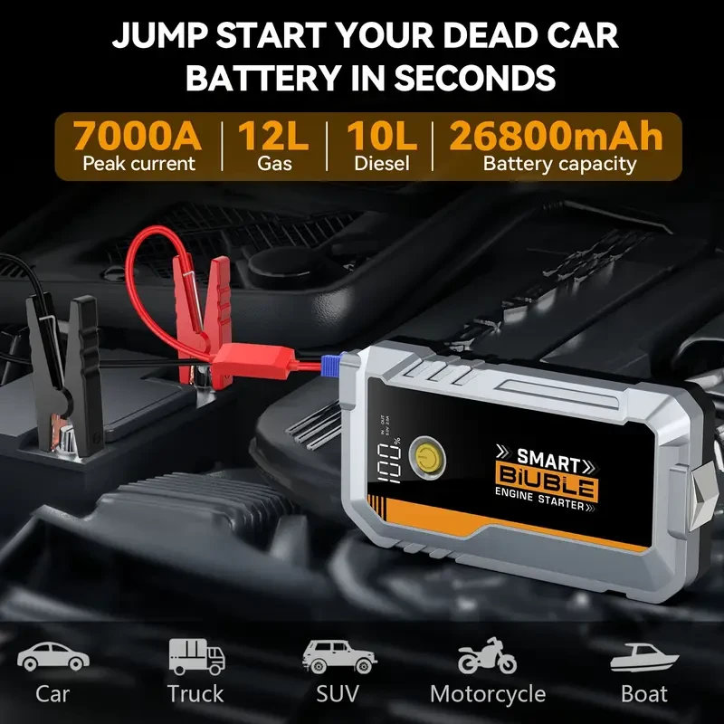 BIUBLE Portable Car Jump Starter  7000A Peak Power Bank with QC3.0 USB & LED Emergency Light