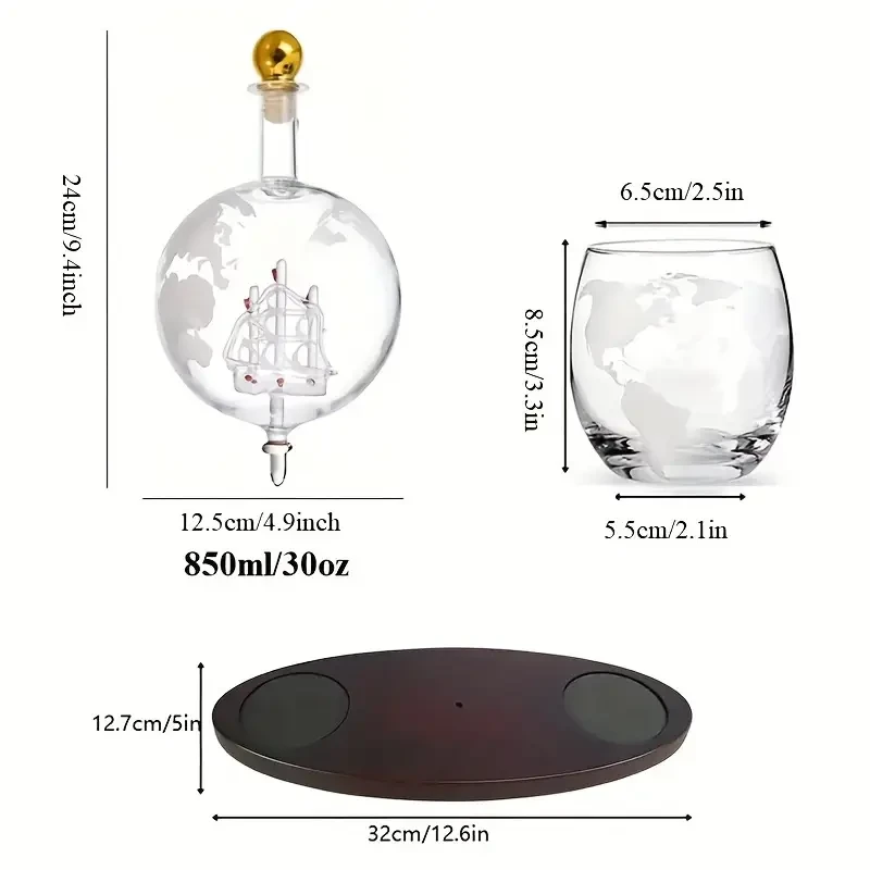 CZHOMMAGIC Whiskey Globe Decanter Set 30oz Crystal Glass Carafe with 2 Etched Glasses (3pcs)