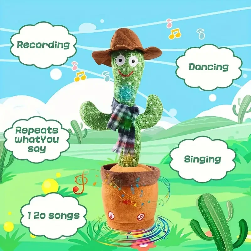 Dancing Cactus Singing Plush Toy with Blue Scarf & Brown Hat