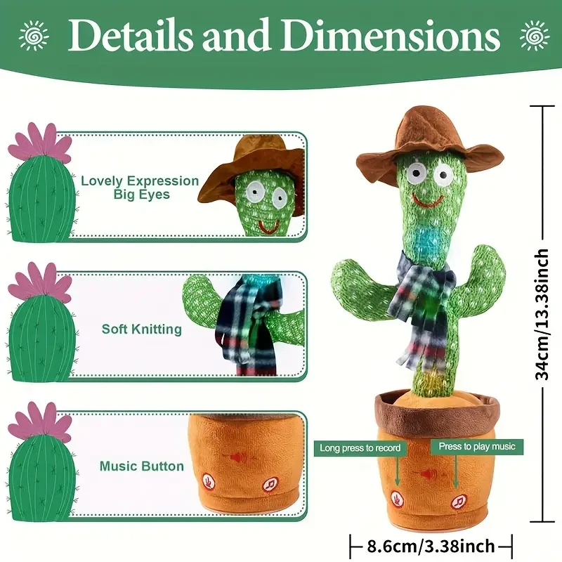 Dancing Cactus Singing Plush Toy with Blue Scarf & Brown Hat