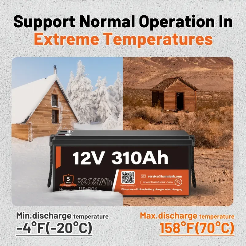 HumSienk 12V 310Ah LiFePO4 Lithium Battery  100A BMS, Low-Temp Protection