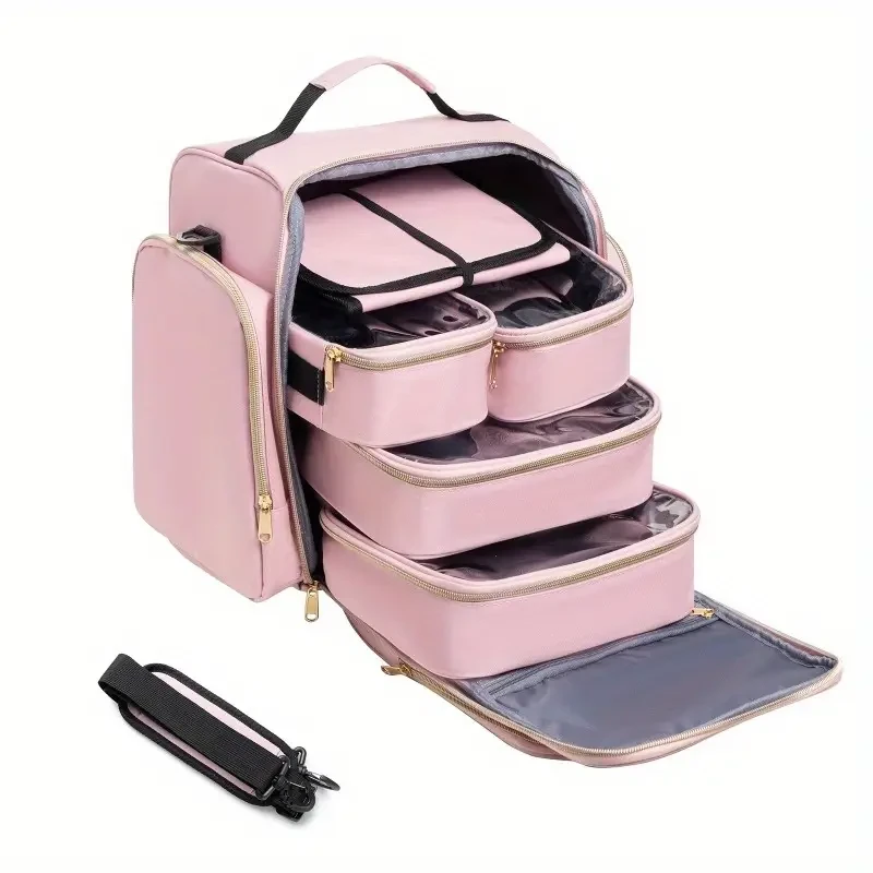 Thousand Fish Large Travel Makeup Bag Organizer Pink & Black, 4 Removable Cases + Jewellery Roll
