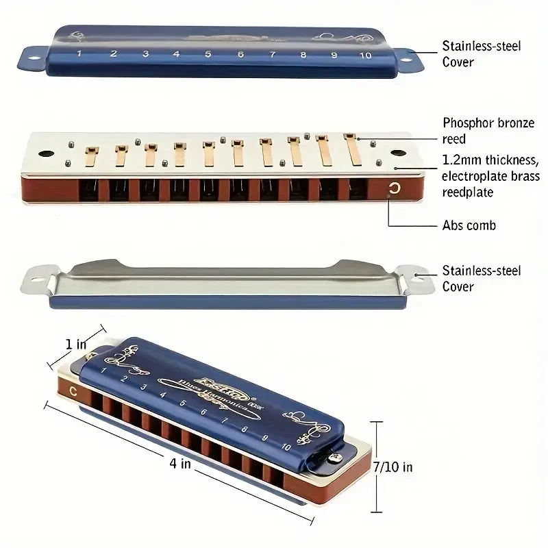 East Top Diatonic Blues Harmonica 10-Hole, Key of C (Polished Metal, Blue) with Protective Case