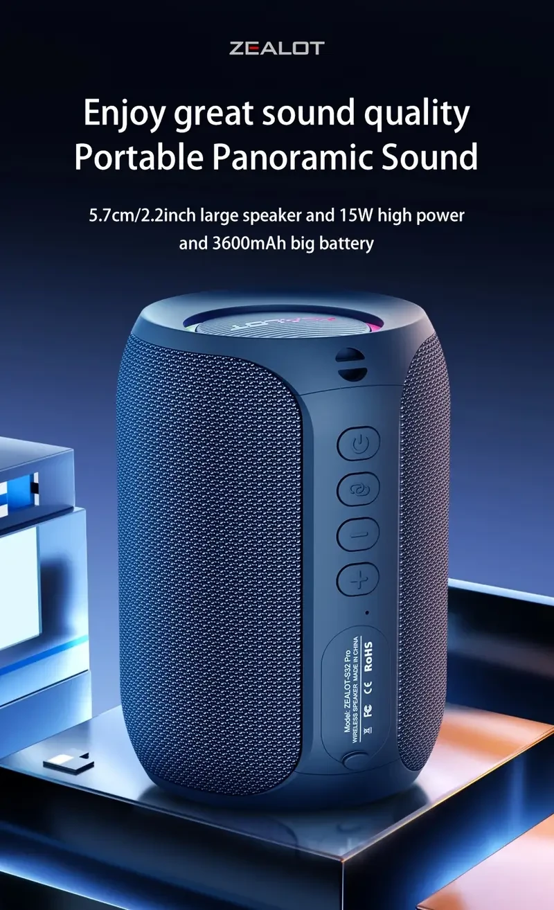 ZEALOT S32 Pro Portable Wireless Speaker  Dual Pairing, 12-Hour Battery, USB-C (Charging & AUX Cables Included)