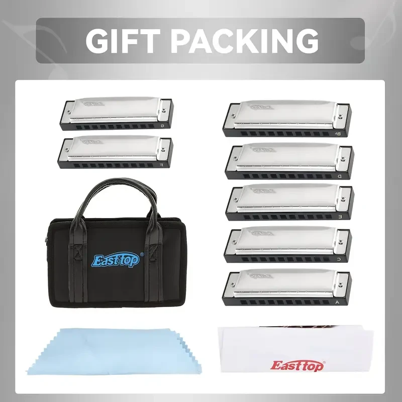 EAST TOP 7-Piece Diatonic Blues Harmonica Set  10-Hole, Colour-Coded, Polished Metal, With Carry Bag (Adults/Pros/Gifting)