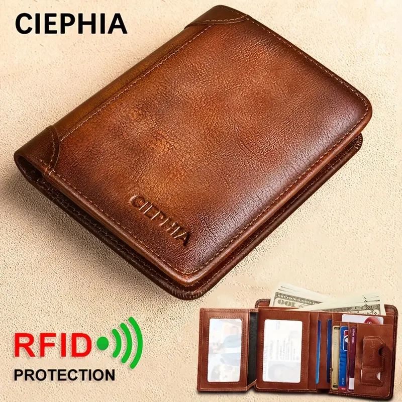 CIEPHIA Slim RFID Card Holder Top-Grain Leather, Vintage Dark Brown (Mens Minimalist Wallet with ID Window) Compact, secure, and built to la