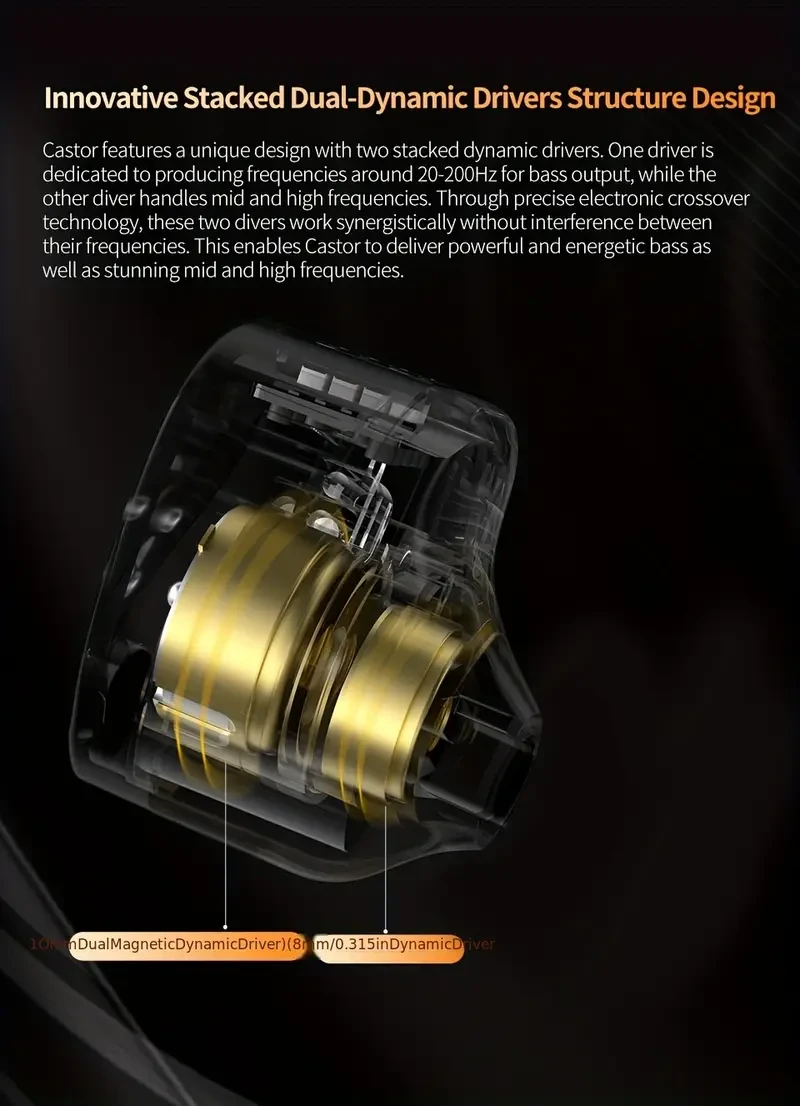 KZ Castor Hi-Fi In-Ear Monitors  Dual Dynamic Drivers, Tunable Sound, Detachable Cable (3.5mm Jack)