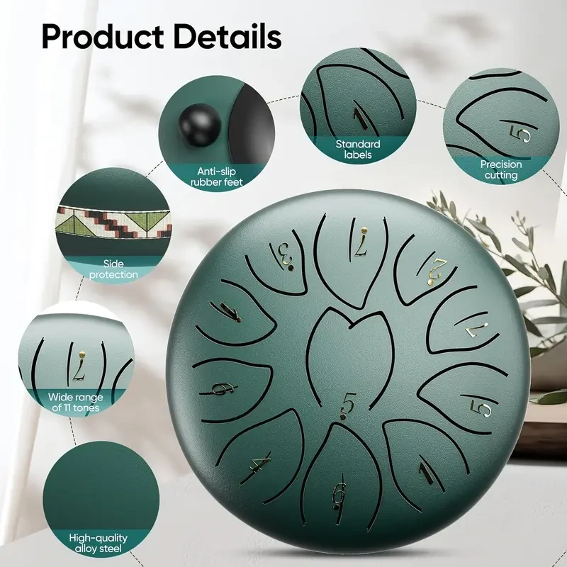 6-Inch (15.2 cm) 11-Note Steel Tongue Chakra Drum  With Bag, Mallets & Music Book