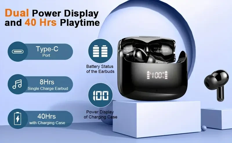 LIFEBEE Wireless Earbuds 5.3 Stereo, 40H Playtime, Dual-Mic Calls, USB-C, LED Case