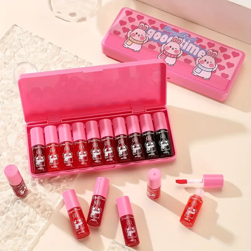 Dragon Ranee Mirror Lip Tint Set  10 PCS Glossy, Moisturizing, and Non-Sticky