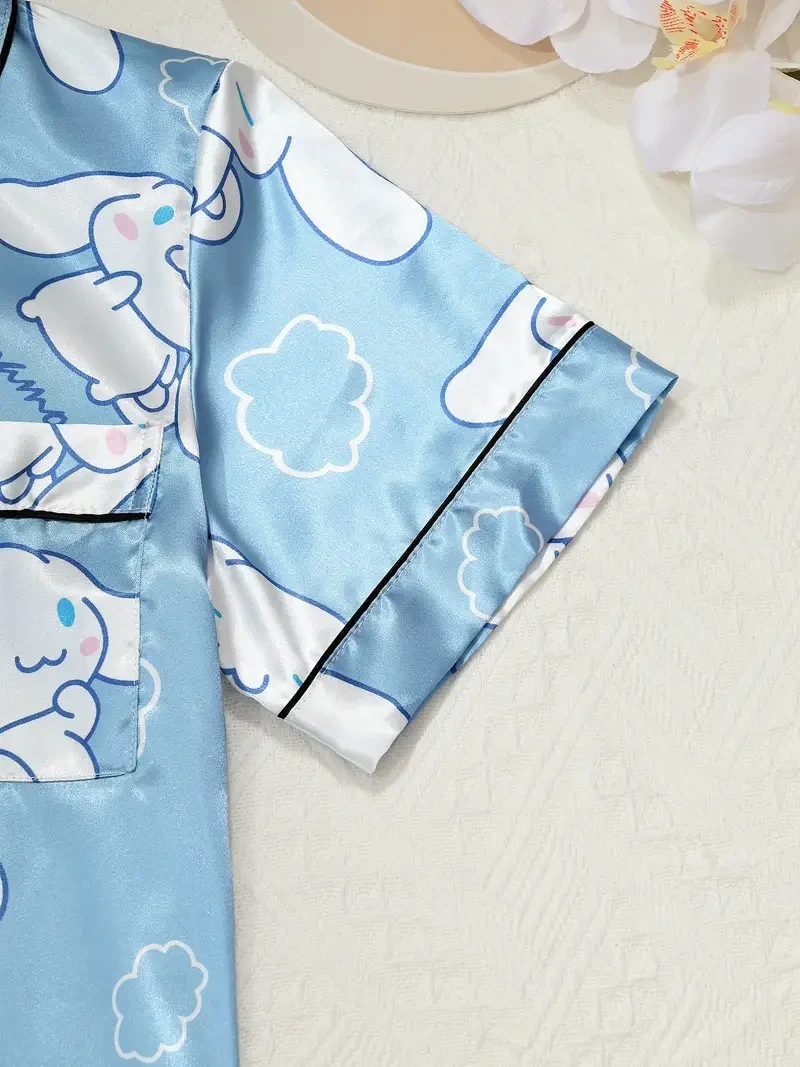 Sanrio Womens Cartoon Pajama Set  Big-Eared Dog Short-Sleeve Satin Sleepwear