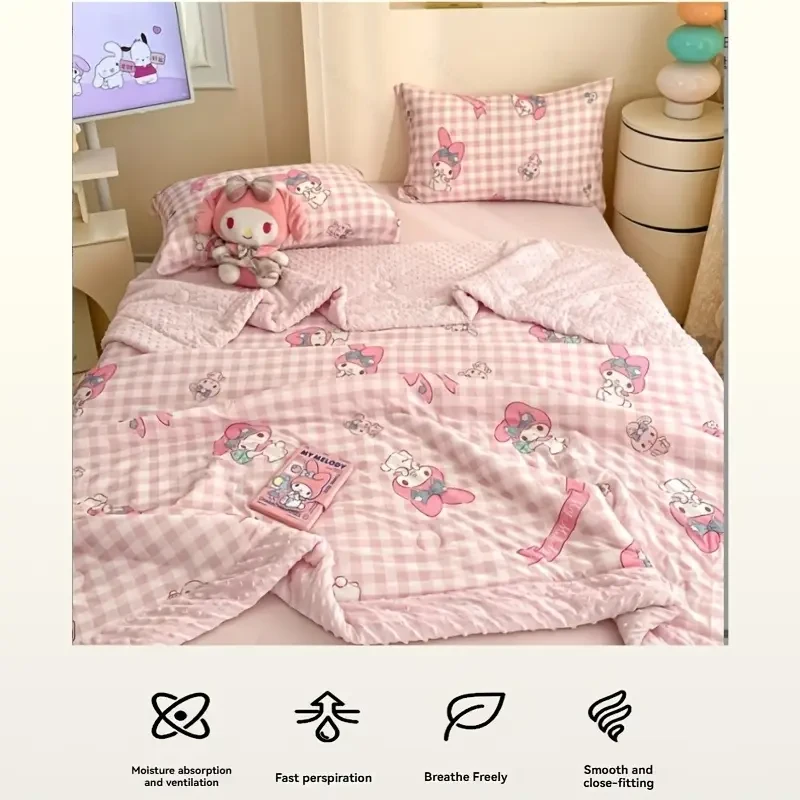 Sanrio Kuromi & Hello Kitty Mini Cooling Bedspread  Official Licensed Anime Blanket in Mint Green