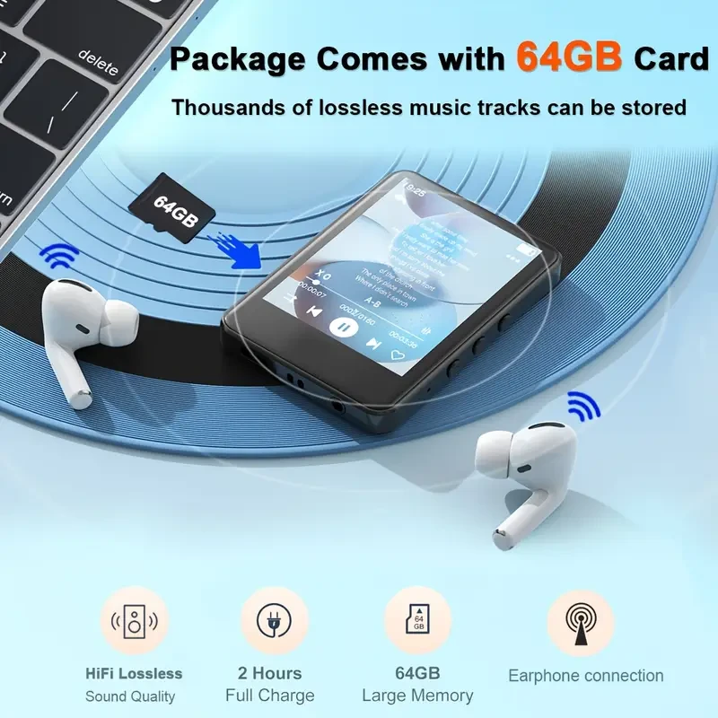 KIISDA 6.1cm MP3 Player with 64GB Memory Card  Compact, Smart & Multi-Functional