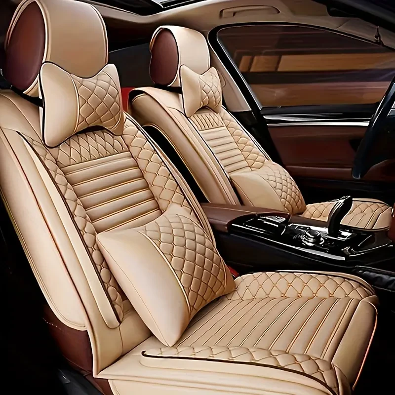 Luxury Lumbar Pillow Car Seat Covers for Audi A6 (2000-2018) Premium PU Leather Covers for Front Seats