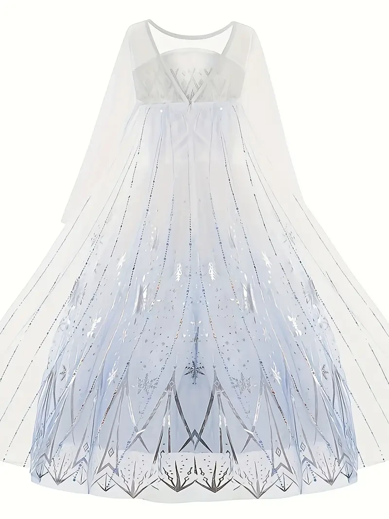 White Ice and Snow Dress for Girls  Themed Princess Gown with Long Sleeve Cape for Parties and Carnivals