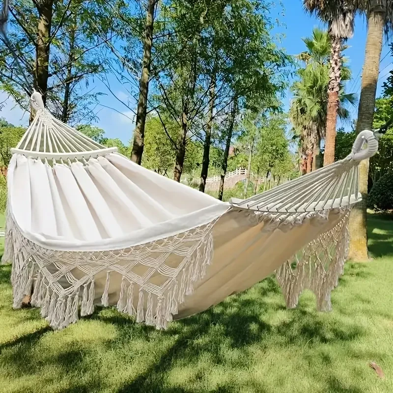 Tusheng Bohemian Style Double Hammock with Tassels  Vibrant Red & White Striped Design for Outdoor Relaxation