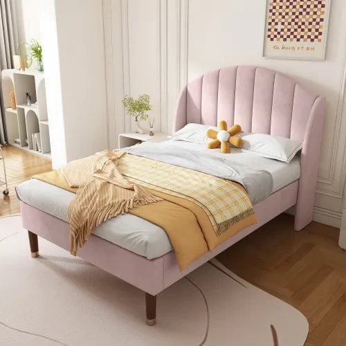 Upholstered Bed,Single Bed-3ft 90x190cm ,with Slatted Frame And Headboard, Youth Bed, Wooden Slatted Support, Easy Assembly, Velvet, Pink