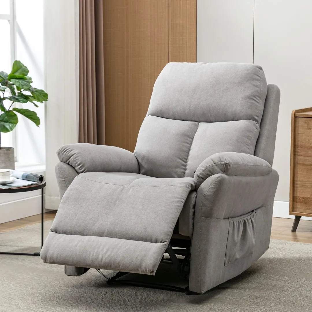 Recliner Chair For The Elderly, Fabric Upholstered Chair With Side Pockets, Recliner Armchair Adjustable For Living Room Bedroom,Gray