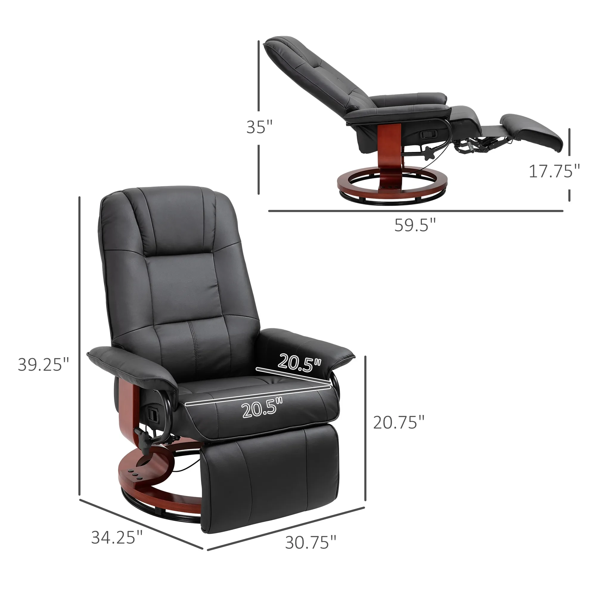 Living Room Relaxation Black Faux Leather Swivel Recliner With Adjustable Footrest