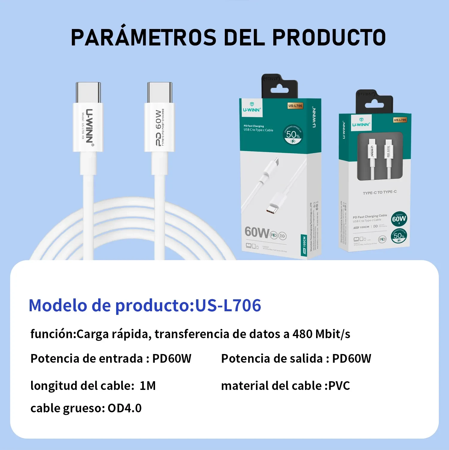 L706 USB-C To USB-C Cable PD 60W 1M White USB 3.0 UWINN