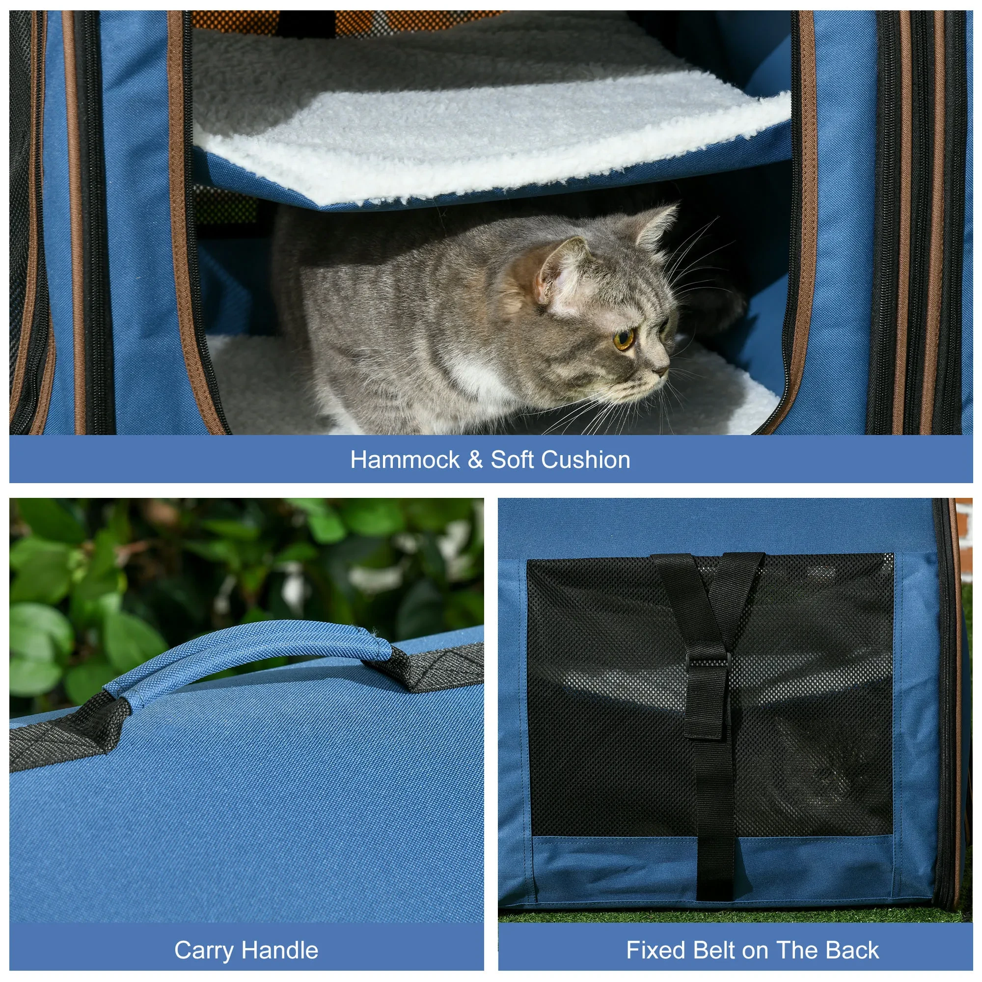 Portable Twin Compartment Show House Cat Cage 39 Soft-Sided Pet Kennel With Soft Cushions Storage Bag Blue