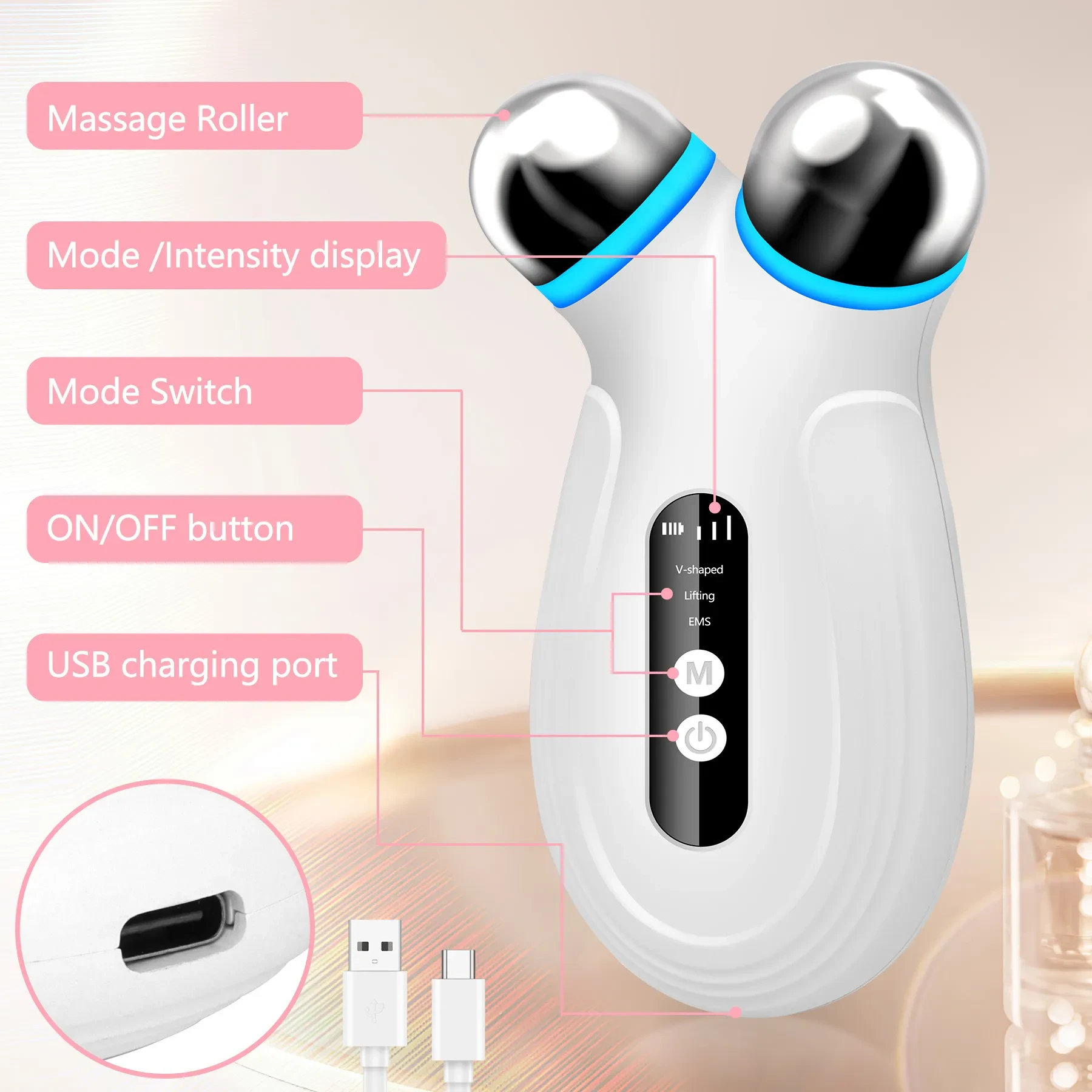 Anti Aging And Wrinkles Microcurrent Facial Device, Boost Skin Care Products Absorption - White