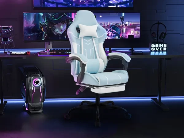 Gaming Chair, Computer Chair Ergonomic Chair With Footrest Office Chair Ergonomic Computer Chair With Lumbar Backrest Bluewhite