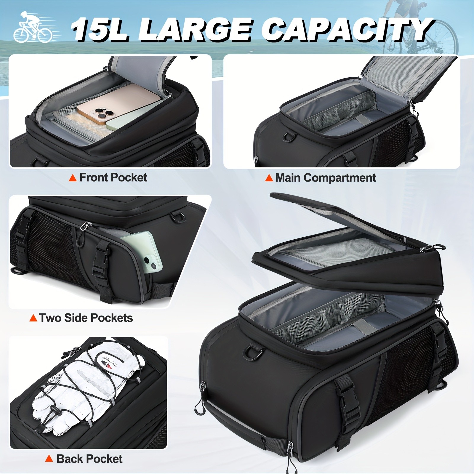 RAINSMORE 4-in-1 Expandable Bike Bag  Ultimate 15L Storage for Cycling, Commuting & Outdoor Adventures