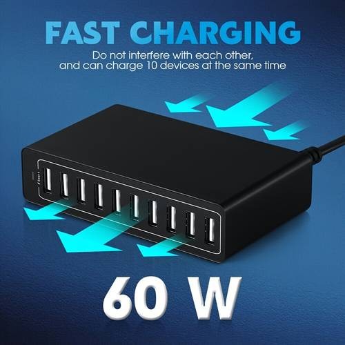 60W Multi-Port 10-Port USB Charger  Power Every Device, Anywhere, Anytime