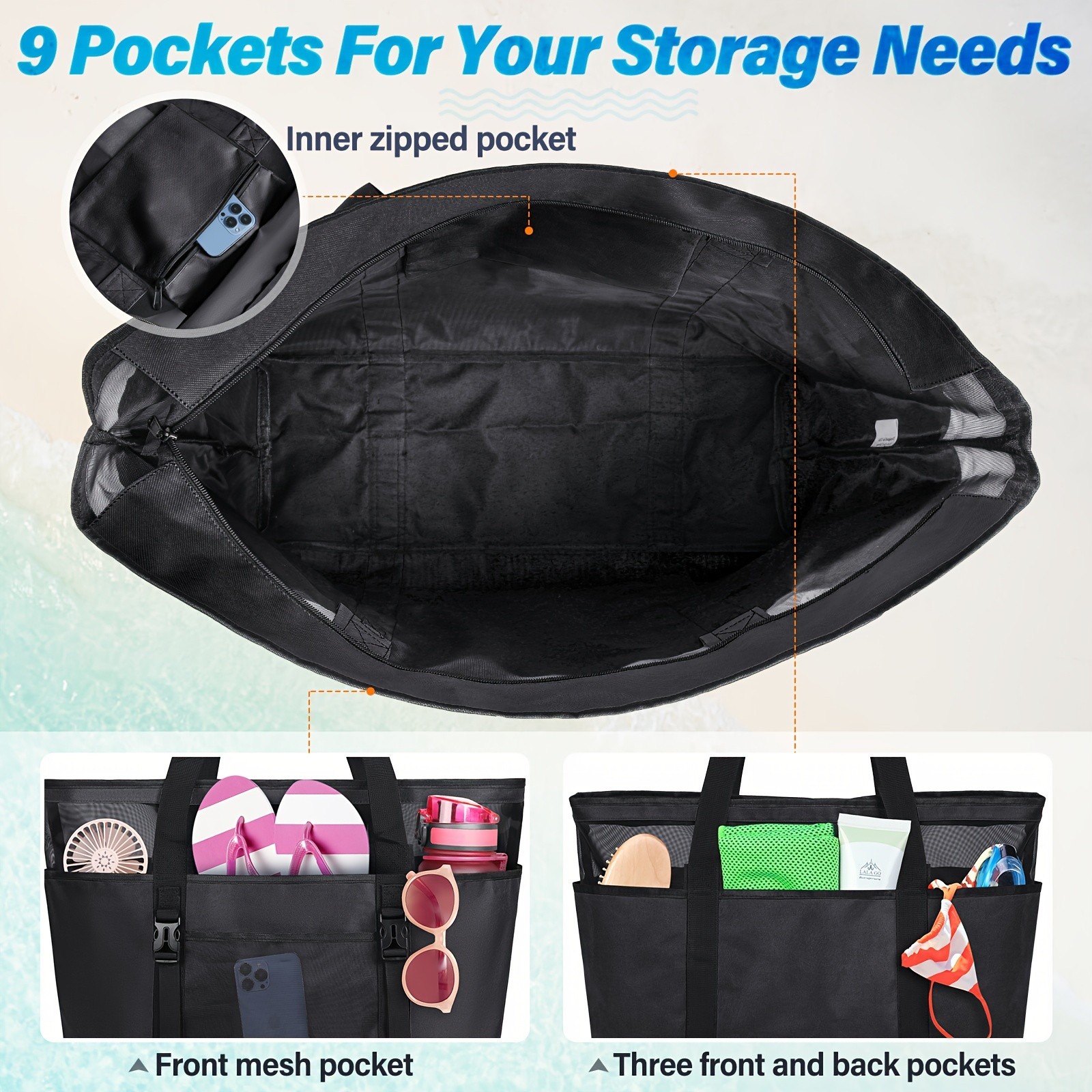 RAINSMORE Large Capacity Beach Tote Spacious, Durable & Perfect for Family Beach Adventures