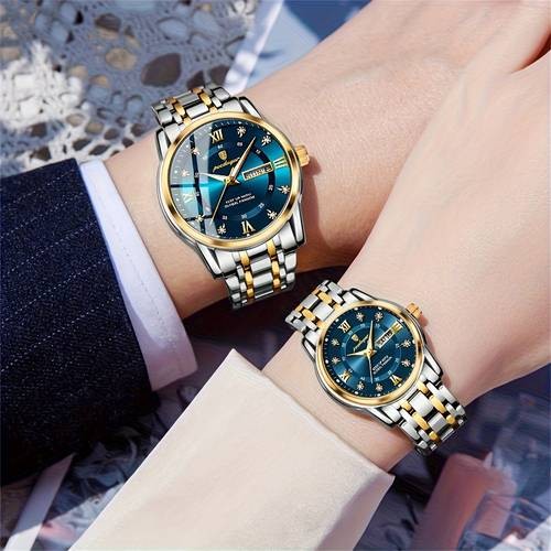 POEDAGAR His & Hers Matching Couple Watches  Elegant Blue & Gold Timepieces for Timeless Love