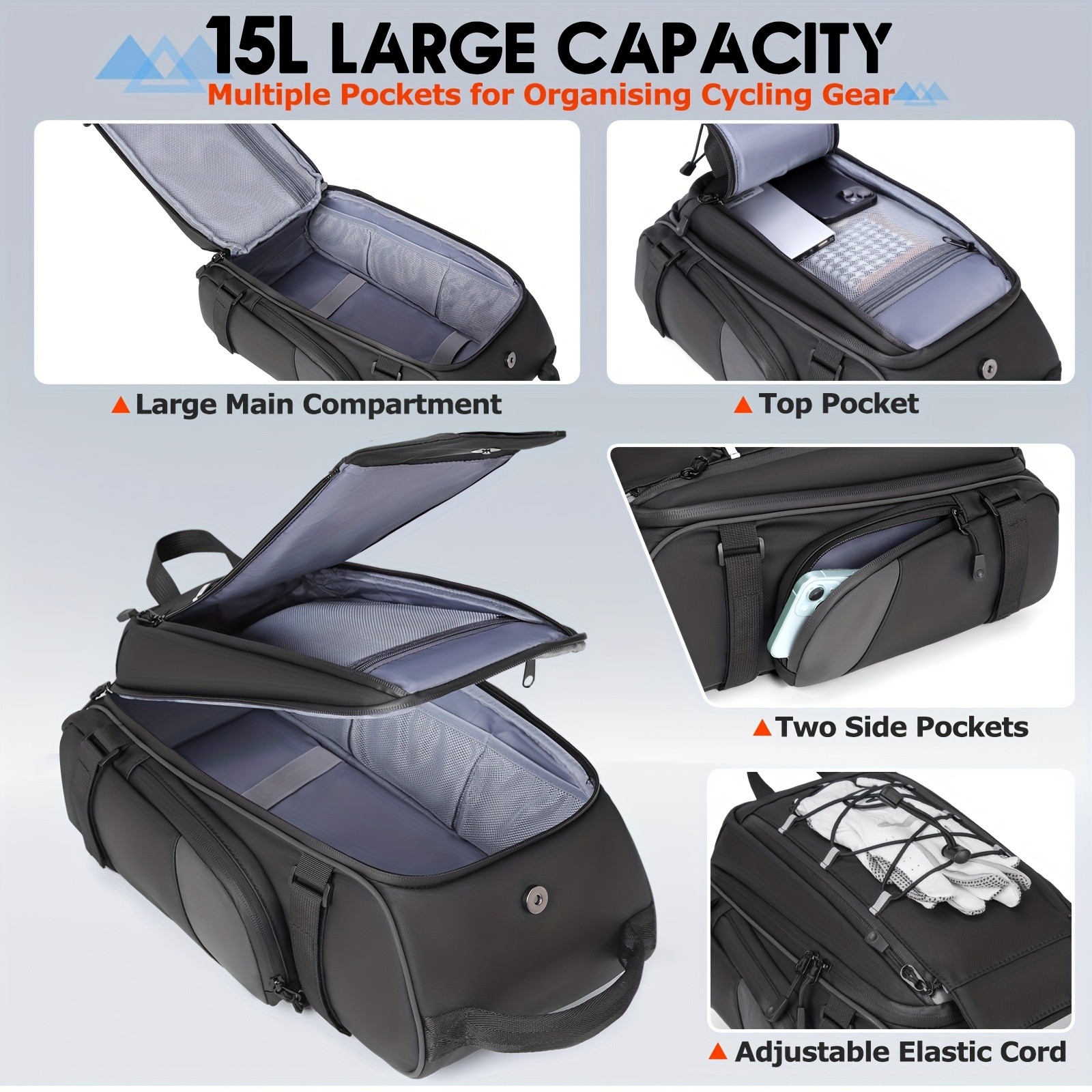 NUBILY 3-in-1 Bicycle Rear Rack Bag  15L Durable Oxford Storage with Rain Cover & Reflective Safety