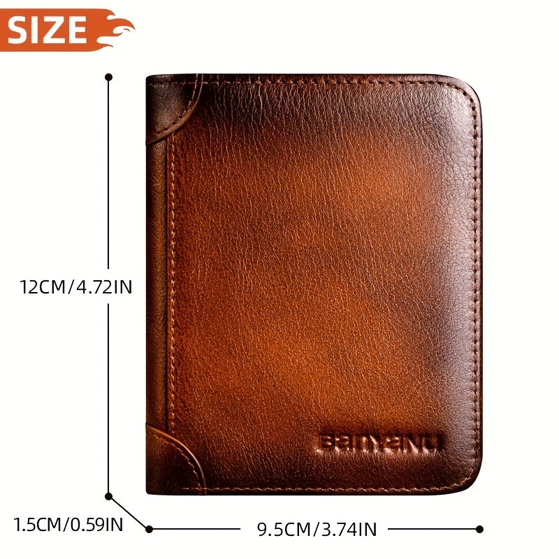 BANYANU Mens Genuine Leather Short Wallet Brown Three-Fold Casual Wallet with Multi-Card Holder & Anti-Theft Protection