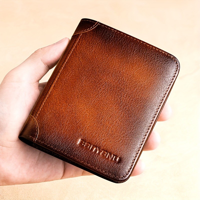 BANYANU Mens Genuine Leather Short Wallet Brown Three-Fold Casual Wallet with Multi-Card Holder & Anti-Theft Protection