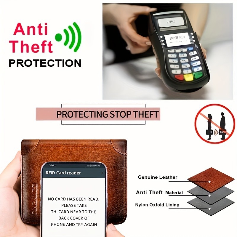 BANYANU Mens Genuine Leather Short Wallet  Brown Three-Fold Casual Wallet with Multi-Card Holder & Anti-Theft Protection