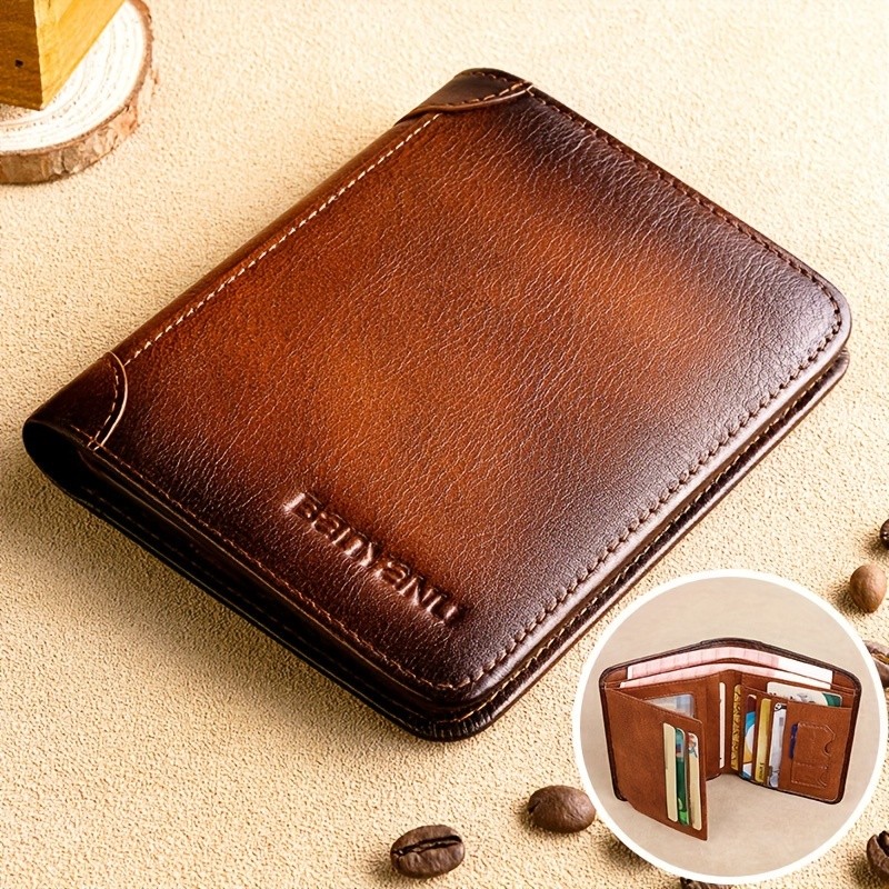 BANYANU Mens Genuine Leather Short Wallet Brown Three-Fold Casual Wallet with Multi-Card Holder & Anti-Theft Protection