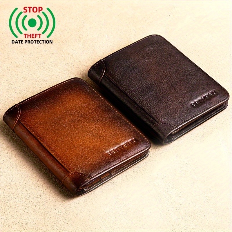 BANYANU Mens Genuine Leather Short Wallet Brown Three-Fold Casual Wallet with Multi-Card Holder & Anti-Theft Protection