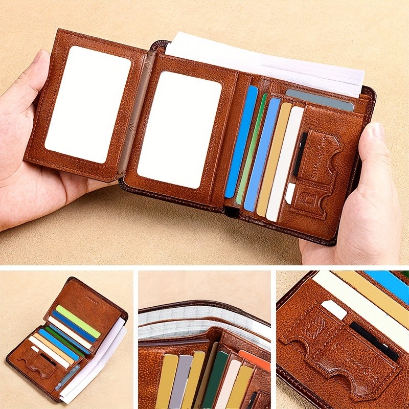 BANYANU Mens Genuine Leather Short Wallet Brown Three-Fold Casual Wallet with Multi-Card Holder & Anti-Theft Protection