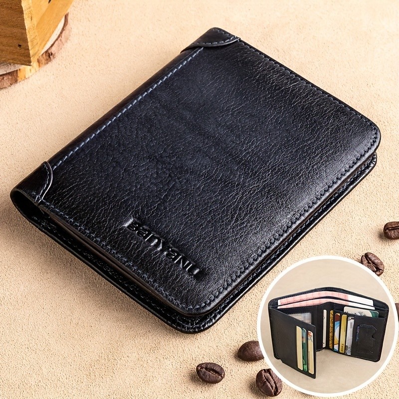BANYANU Mens Genuine Leather Short Wallet Brown Three-Fold Casual Wallet with Multi-Card Holder & Anti-Theft Protection