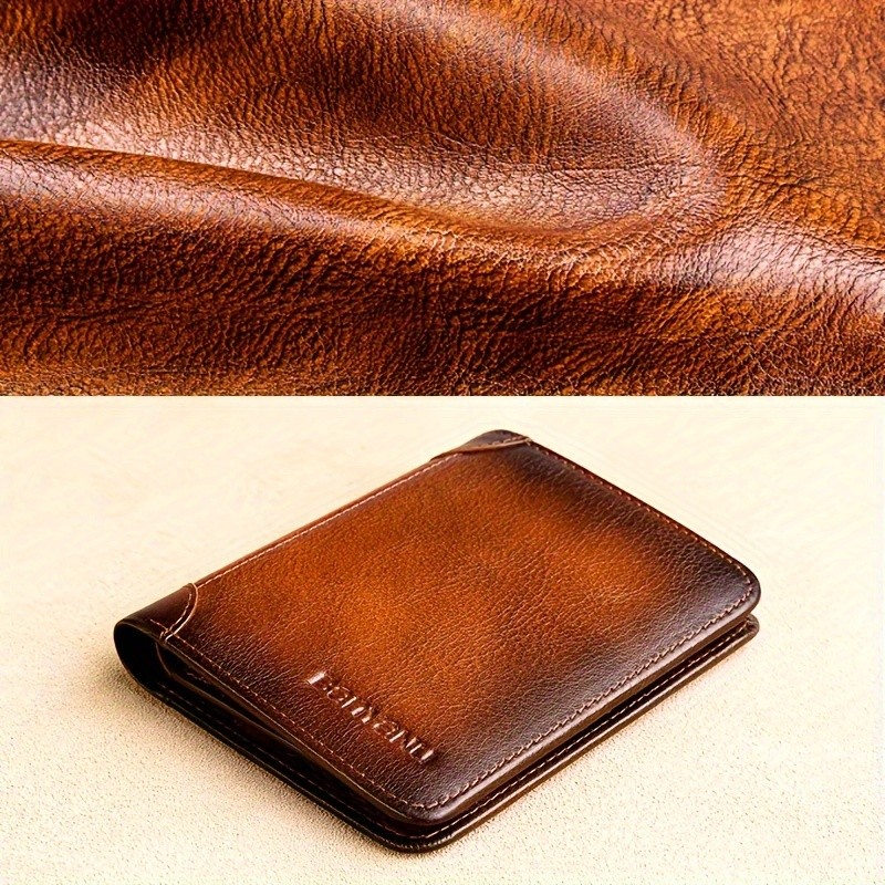 BANYANU Mens Genuine Leather Short Wallet Brown Three-Fold Casual Wallet with Multi-Card Holder & Anti-Theft Protection