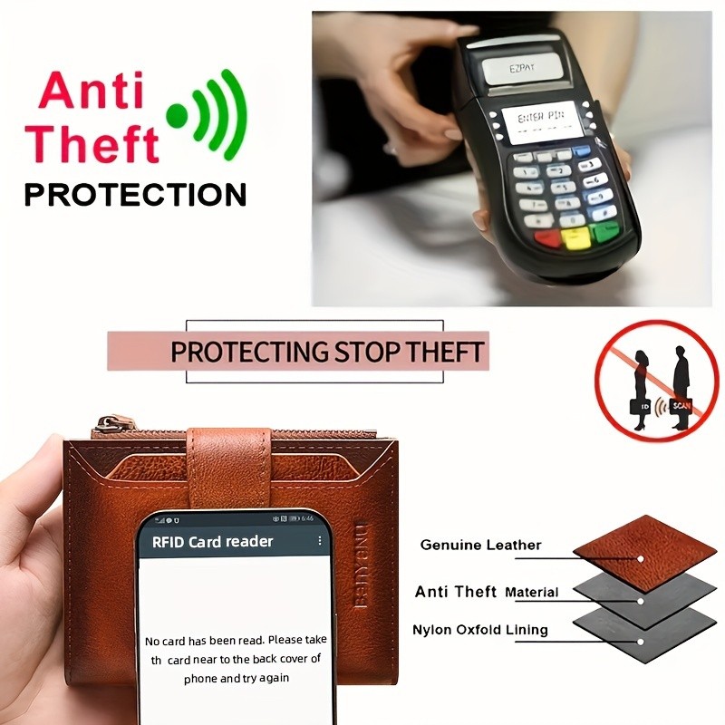 BANYANU Mens Genuine Leather Wallet  Slim Vertical RFID-Blocking Wallet with Zipper Closure & Multi-Card Storage