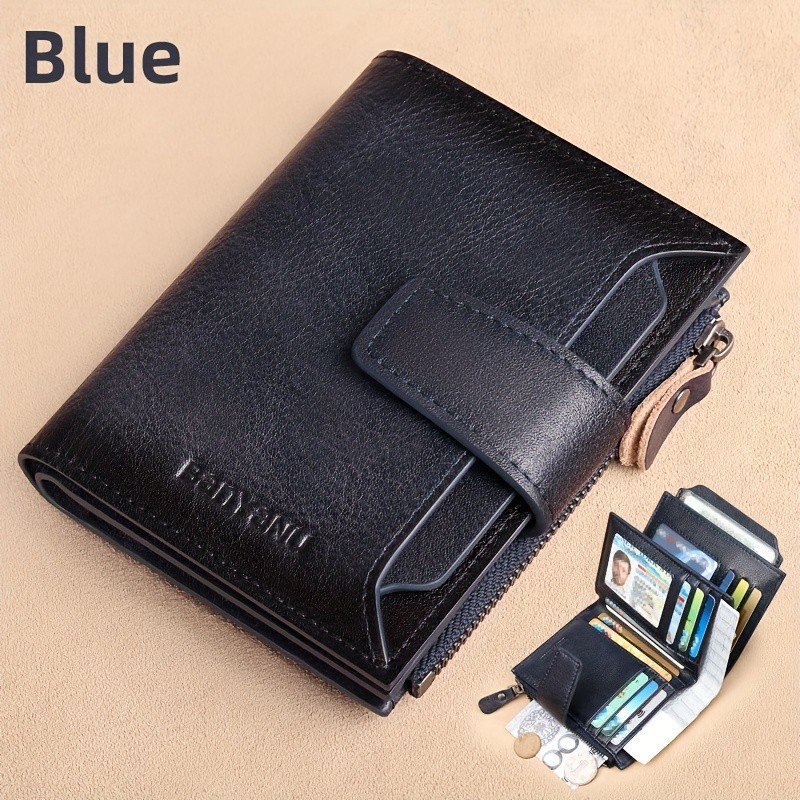 BANYANU Mens Genuine Leather Wallet Slim Vertical RFID-Blocking Wallet with Zipper Closure & Multi-Card Storage