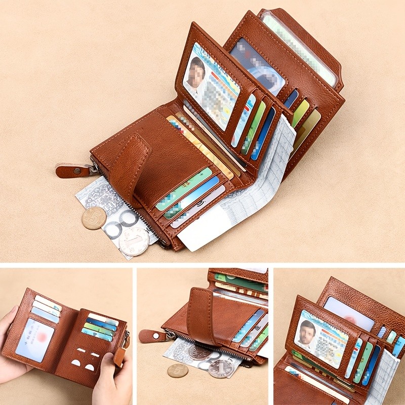 BANYANU Mens Genuine Leather Wallet Slim Vertical RFID-Blocking Wallet with Zipper Closure & Multi-Card Storage