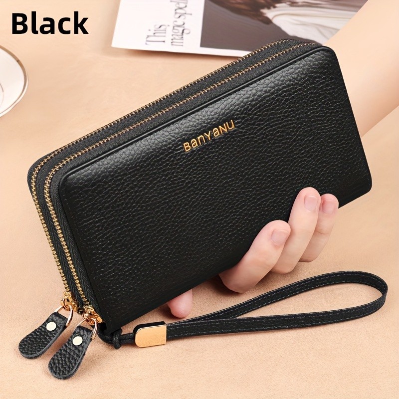 BANYANU Womens Elegant Genuine Leather Wallet with Wristlet  Large Capacity RFID-Blocking Double-Zip Clutch (Guangzhou Edition)