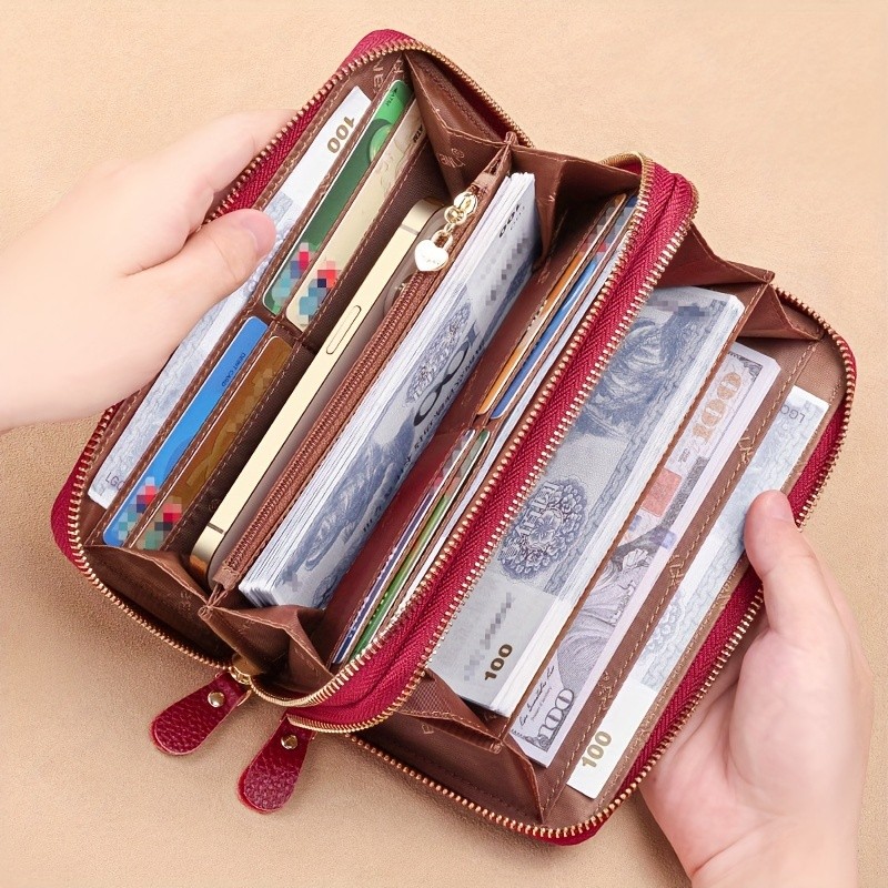 BANYANU Womens Elegant Genuine Leather Wallet with Wristlet  Large Capacity RFID-Blocking Double-Zip Clutch (Guangzhou Edition)