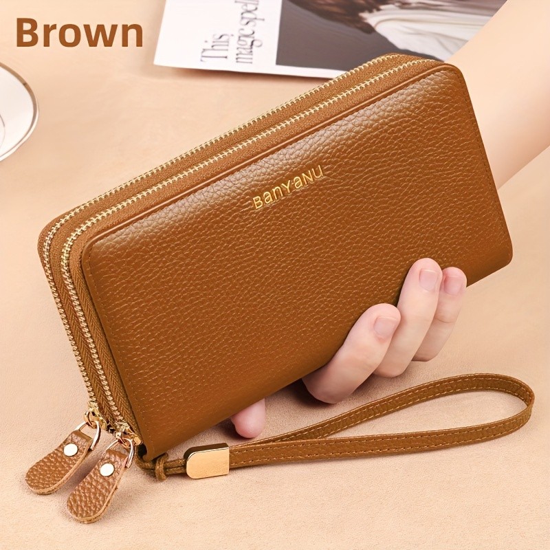 BANYANU Womens Elegant Genuine Leather Wallet with Wristlet  Large Capacity RFID-Blocking Double-Zip Clutch (Guangzhou Edition)