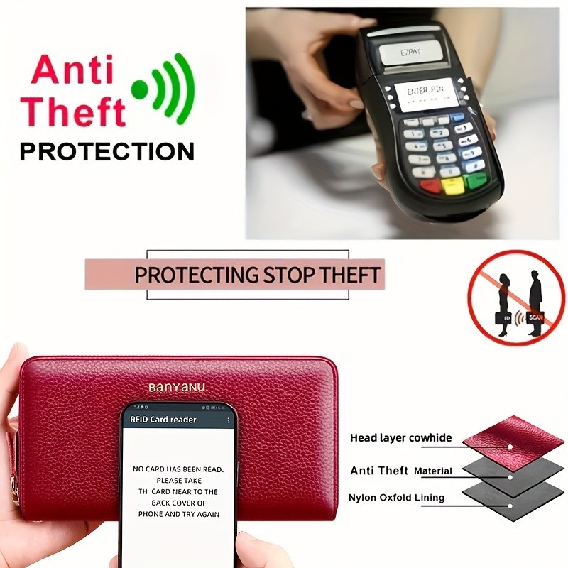 BANYANU Womens Elegant Genuine Leather Wallet with Wristlet  Large Capacity RFID-Blocking Double-Zip Clutch (Guangzhou Edition)