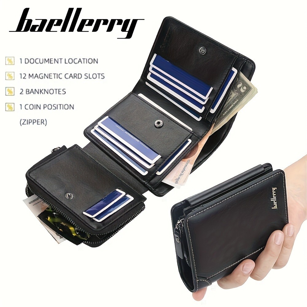 BAELLERRY Mens 13-Card Vintage Tri-Fold Buckle Wallet  Faux Leather with Zipper Coin Purse